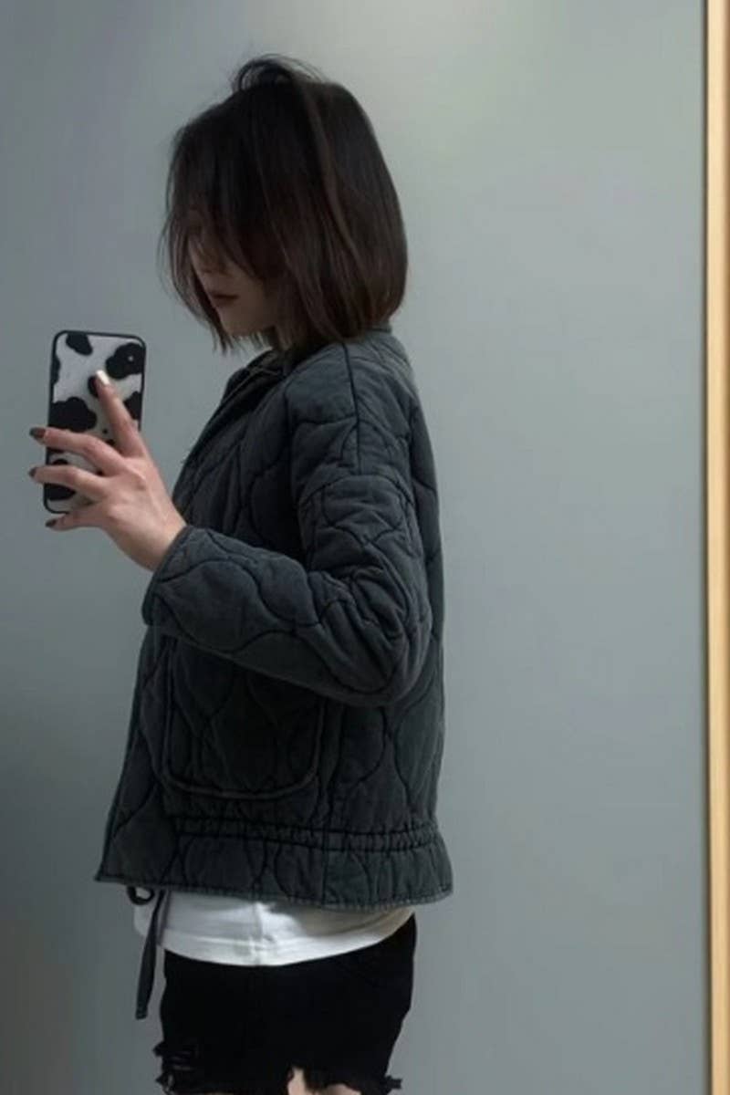 CWOCO1078_STAND COLLAR LARGE POCKET QUILTED COTTON COAT