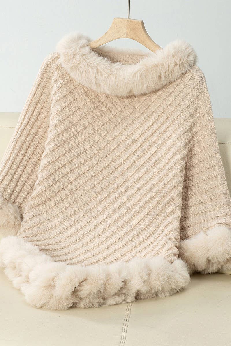 CWOCAS0045_THICK FUR COLLAR VINTAGE PLAID KNITTED CAPE SHAWL