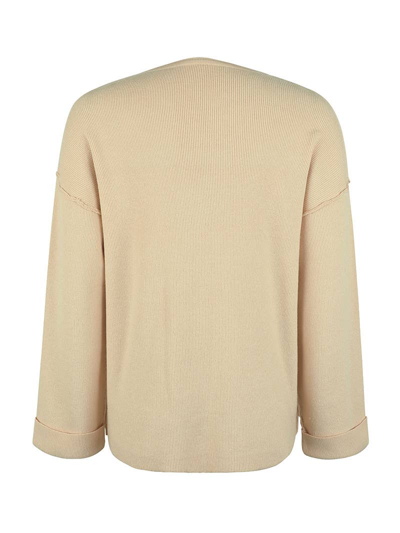SOLID COLOR V-NECK PULLOVER ROLL SLEEVE SWEATER