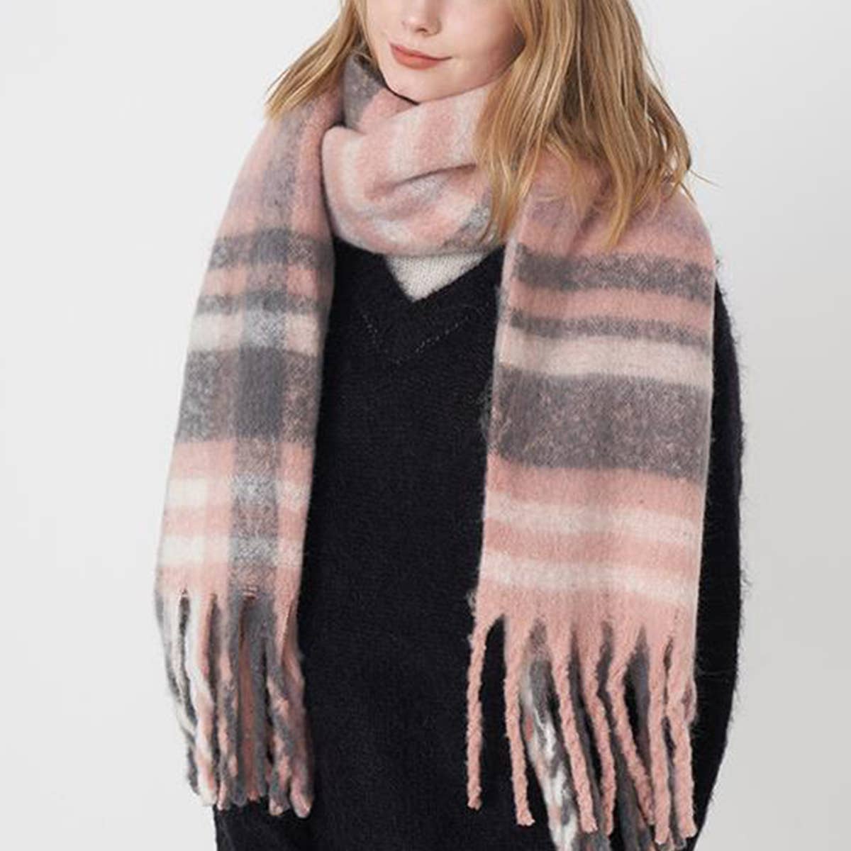 French Retro Plaid Scarf - Winter Tassel Wrap