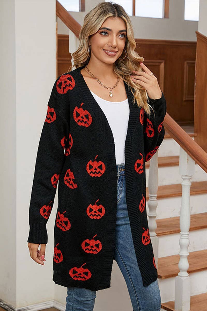 CWOCAL00696_HALLOWEEN PUMPKIN JACQUARD LONG KNIT CARDIGAN