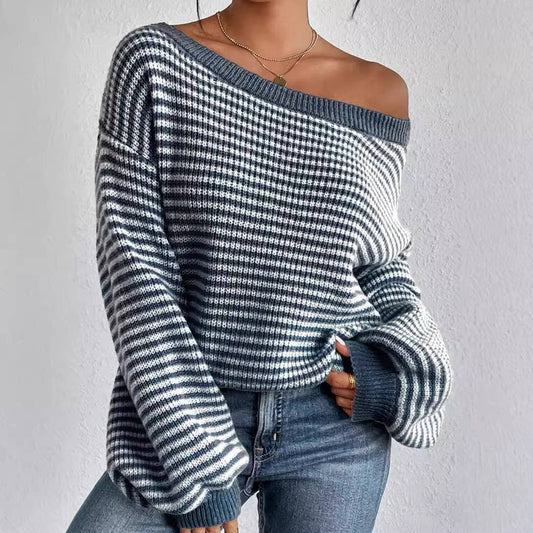 Temperament line-neck color pullover sweater