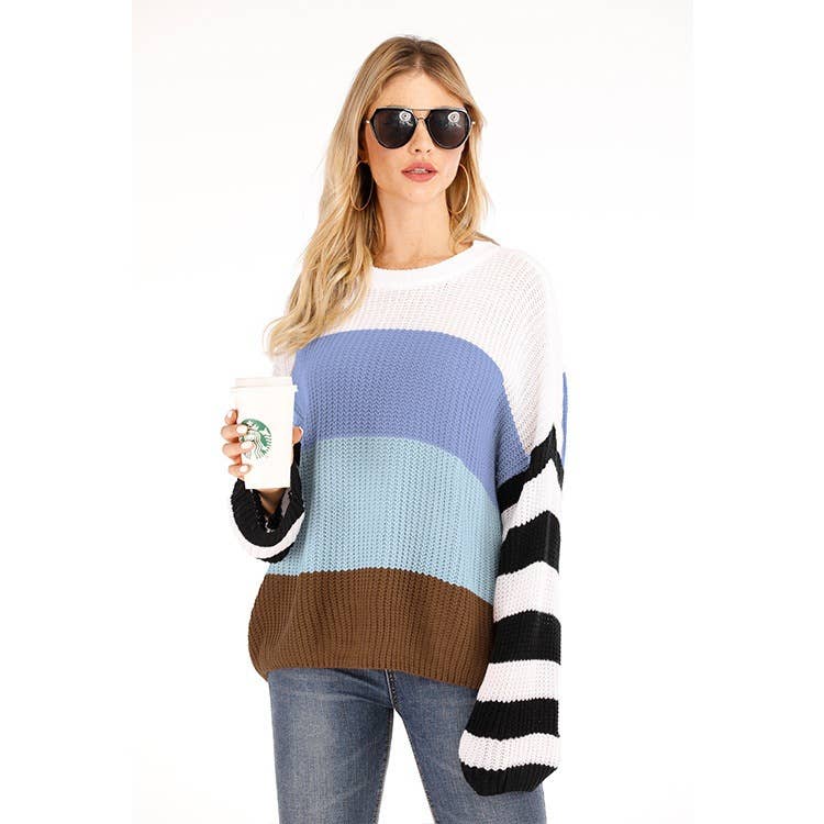 STRIPED SPLICED PULLOVER SWEATER IN INTERCOLOR
