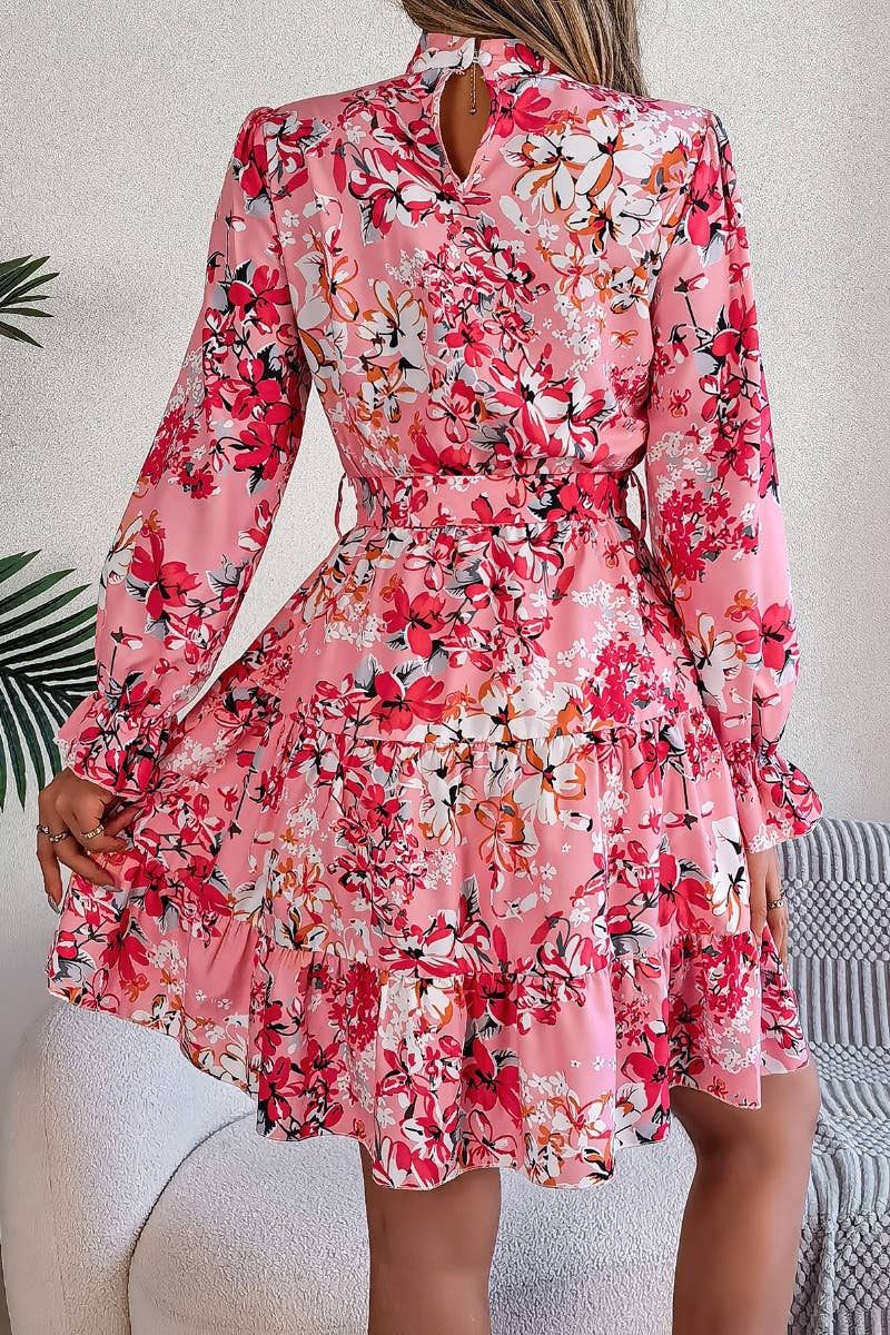 CWDSD6422_FLORAL TURTLENECK LONG SLEEVE PEPLUM DRESS SHORT