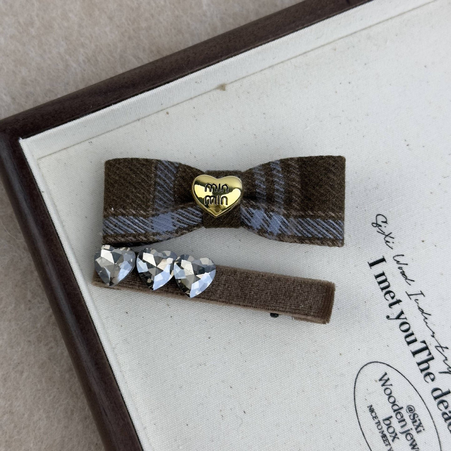 French fancy check rhinobrown heart bow hair clip