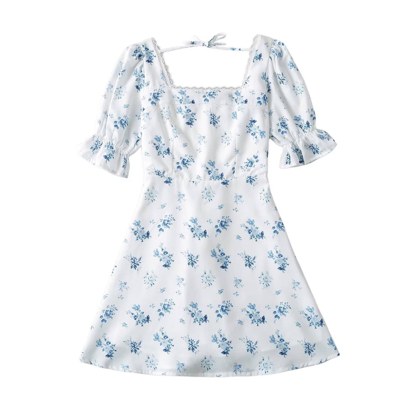 LACE-UP DRESS WITH PUFFY SLEEVES