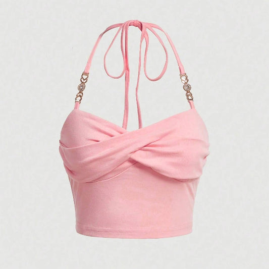 Solid color sexy short beautiful back halter vest