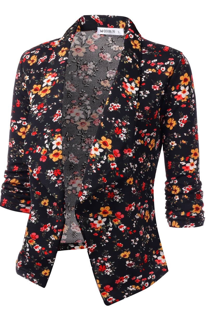 CWOBL091_Casual Work Ruched 3/4 Slv Open Front Blazer Jacket