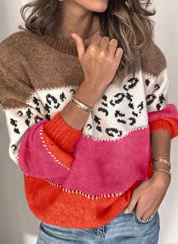 LEOPARD PRINT PATCHWORK FASHION KNIT PULLOVER