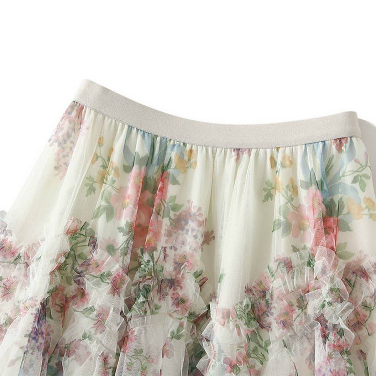 Colorful Floral Mesh Paneled Tiered Skirt