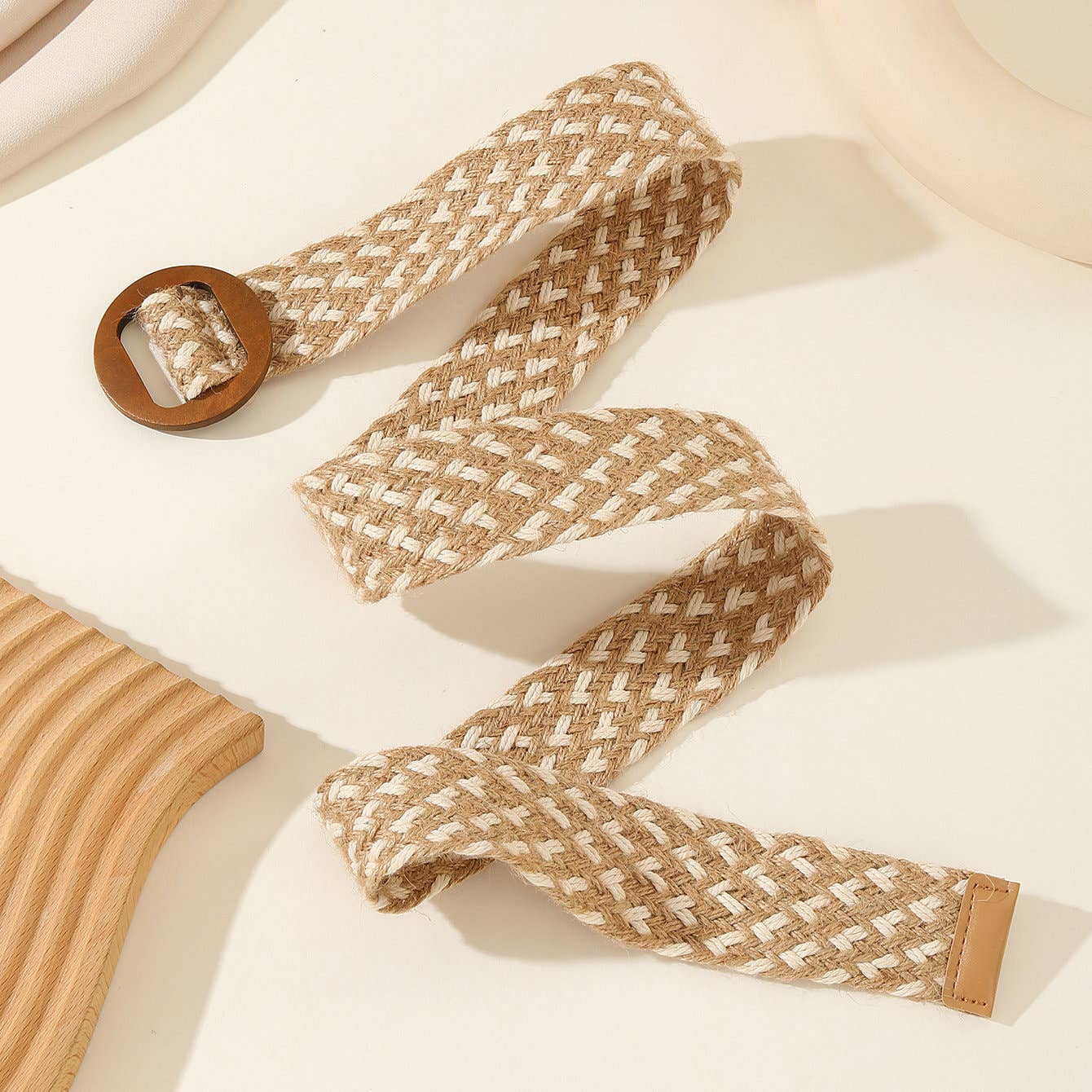 Wooden buckle cotton and linen style woven belt