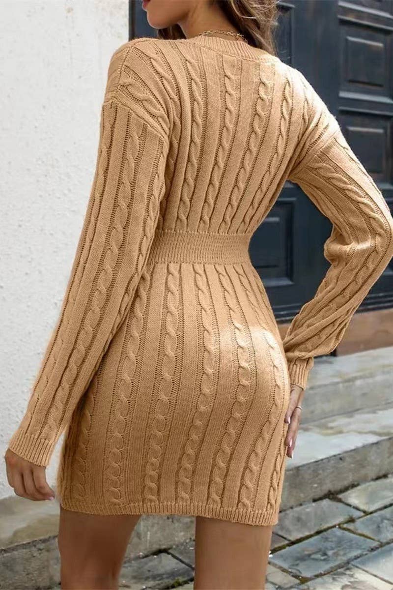V-neck waistband twist wrap hip sweater dress