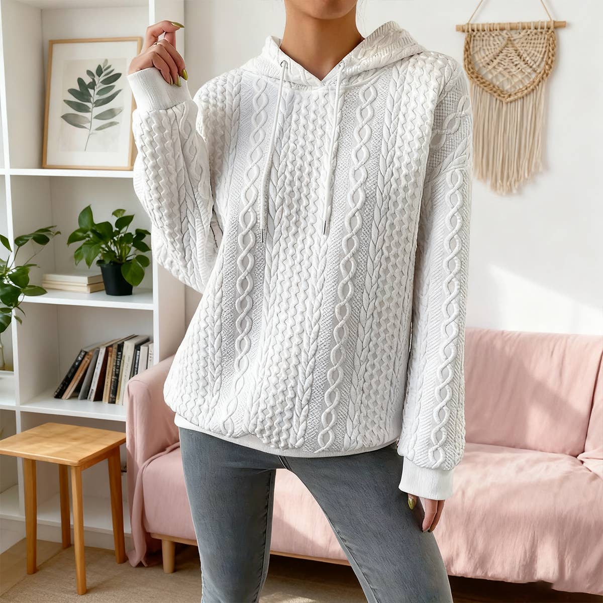 Jacquard laced long-sleeved hooded sweatshirt