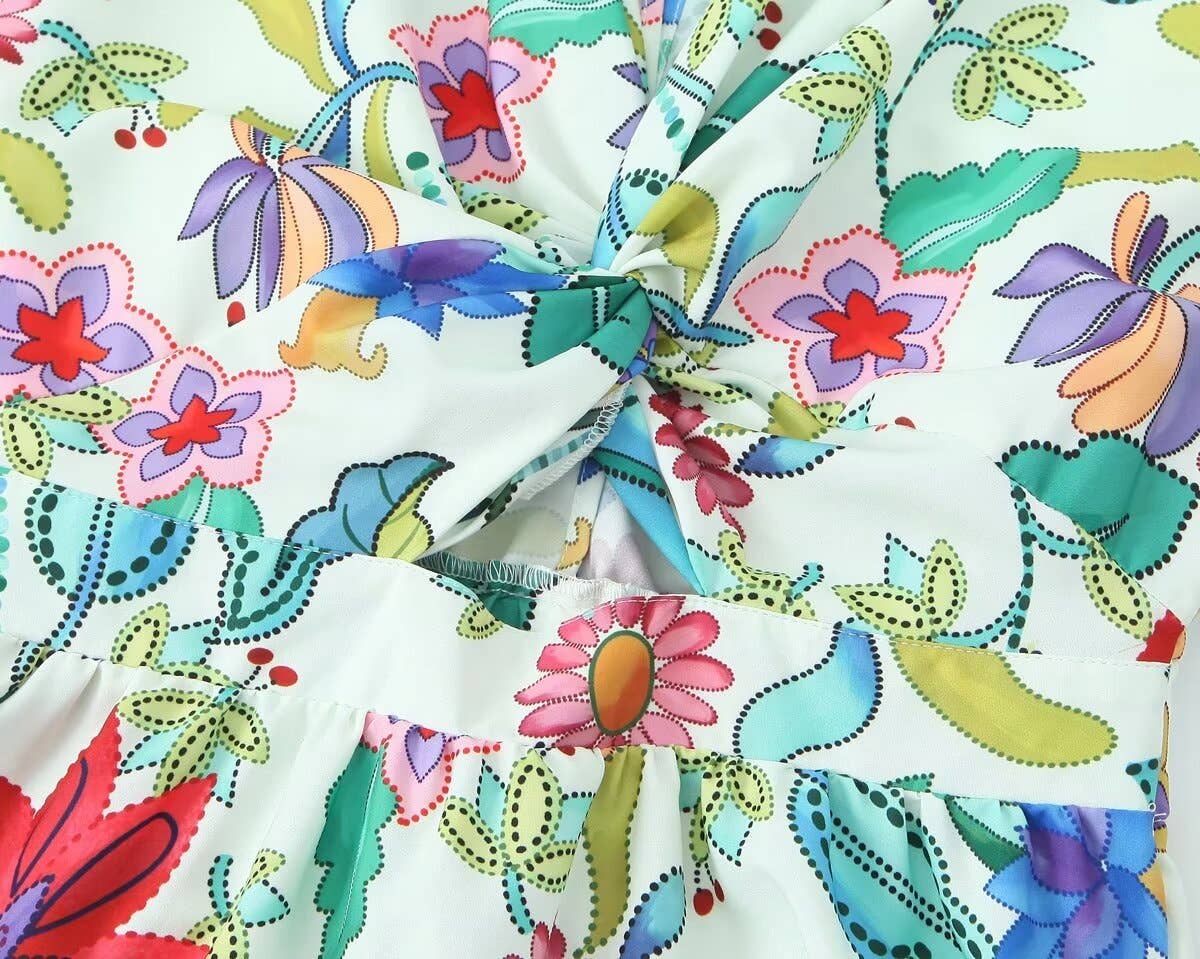 KNOTTED PRINTED LINEN BLEND DRESS