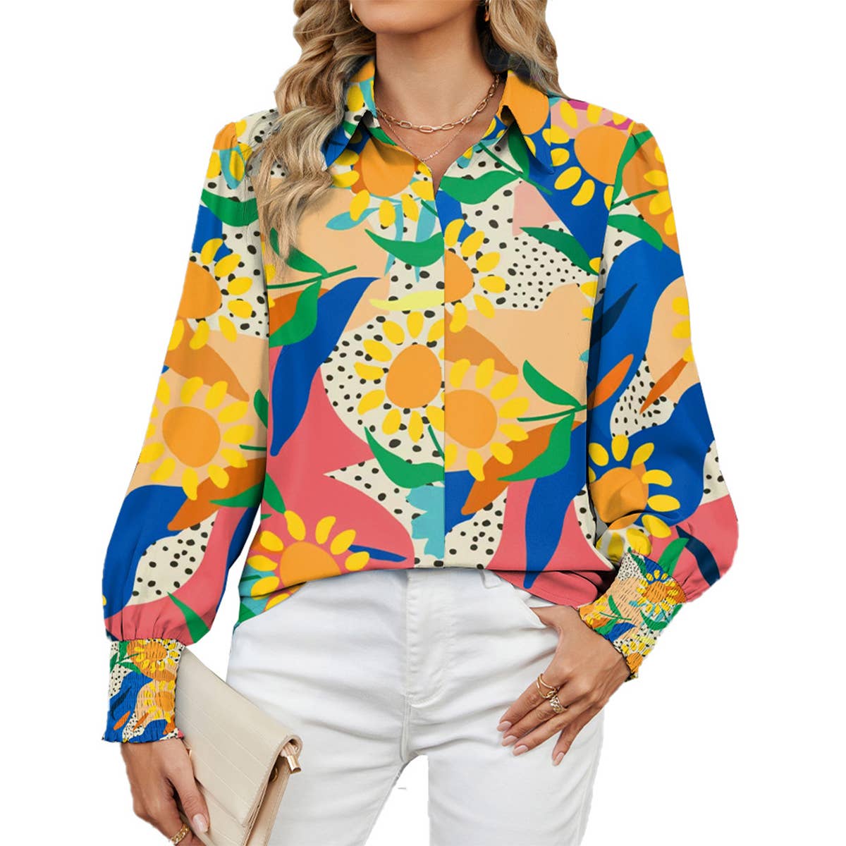 LAPEL FLORAL PRINT CASUAL LONG-SLEEVED SHIRT