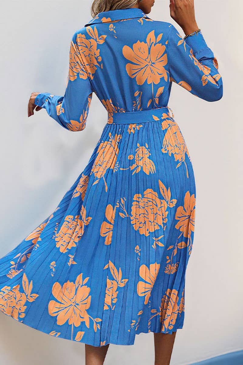CWDMD3556_BELTED LAPEL PRINTED LONG SLEEVE PLEATED DRESS