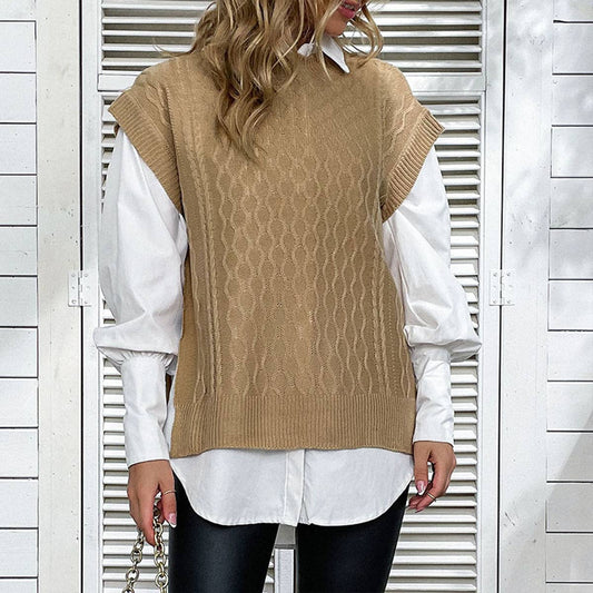 Solid color round neck twist knit pullover vest