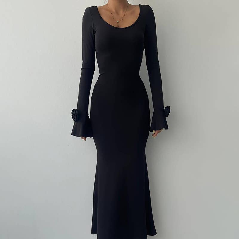 ELEGANT CREW-NECK ROSE LONG-SLEEVED DRESS