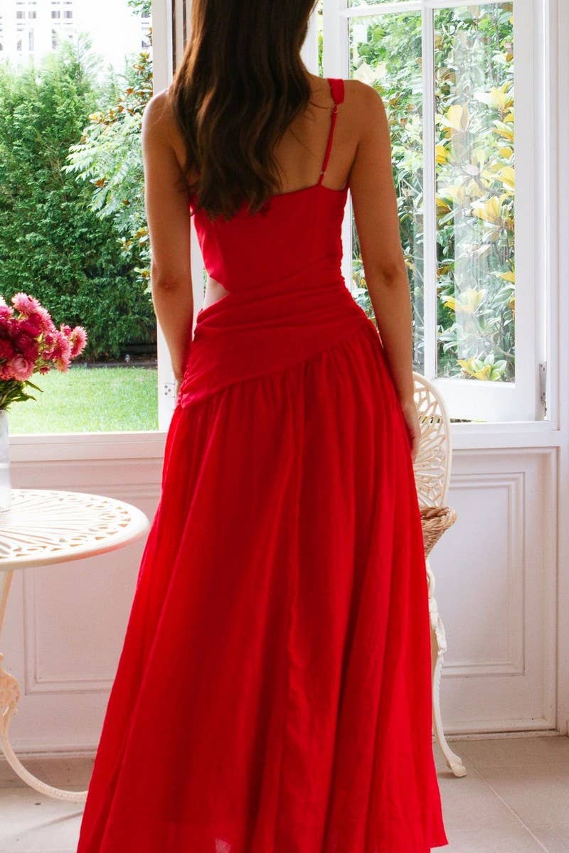 CWDMD5647_V-NECK SLEEVELESS COLORBLOCK MAXI FLARE DRESS