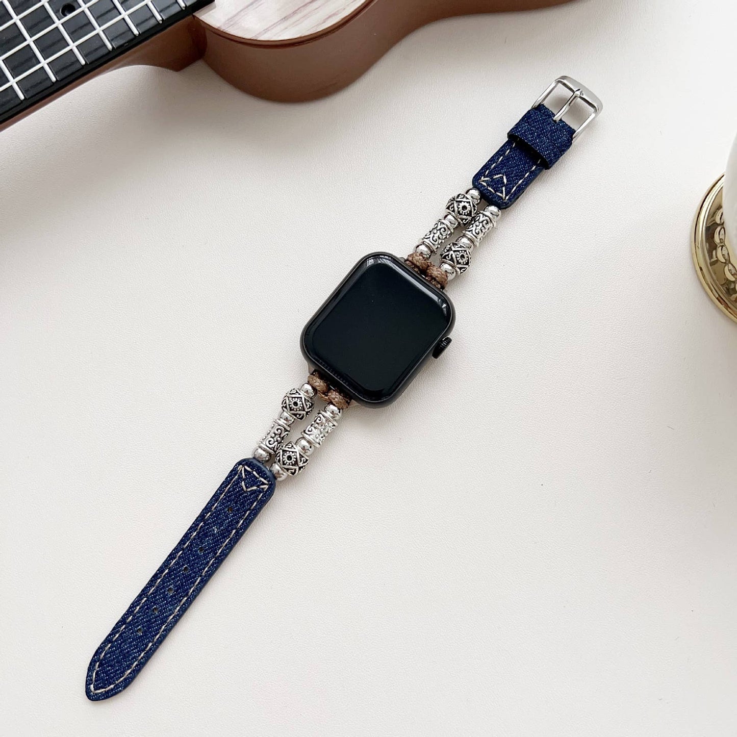 IWATCH9-1 TIBETAN SILVER DENIM LEATHER STRAP