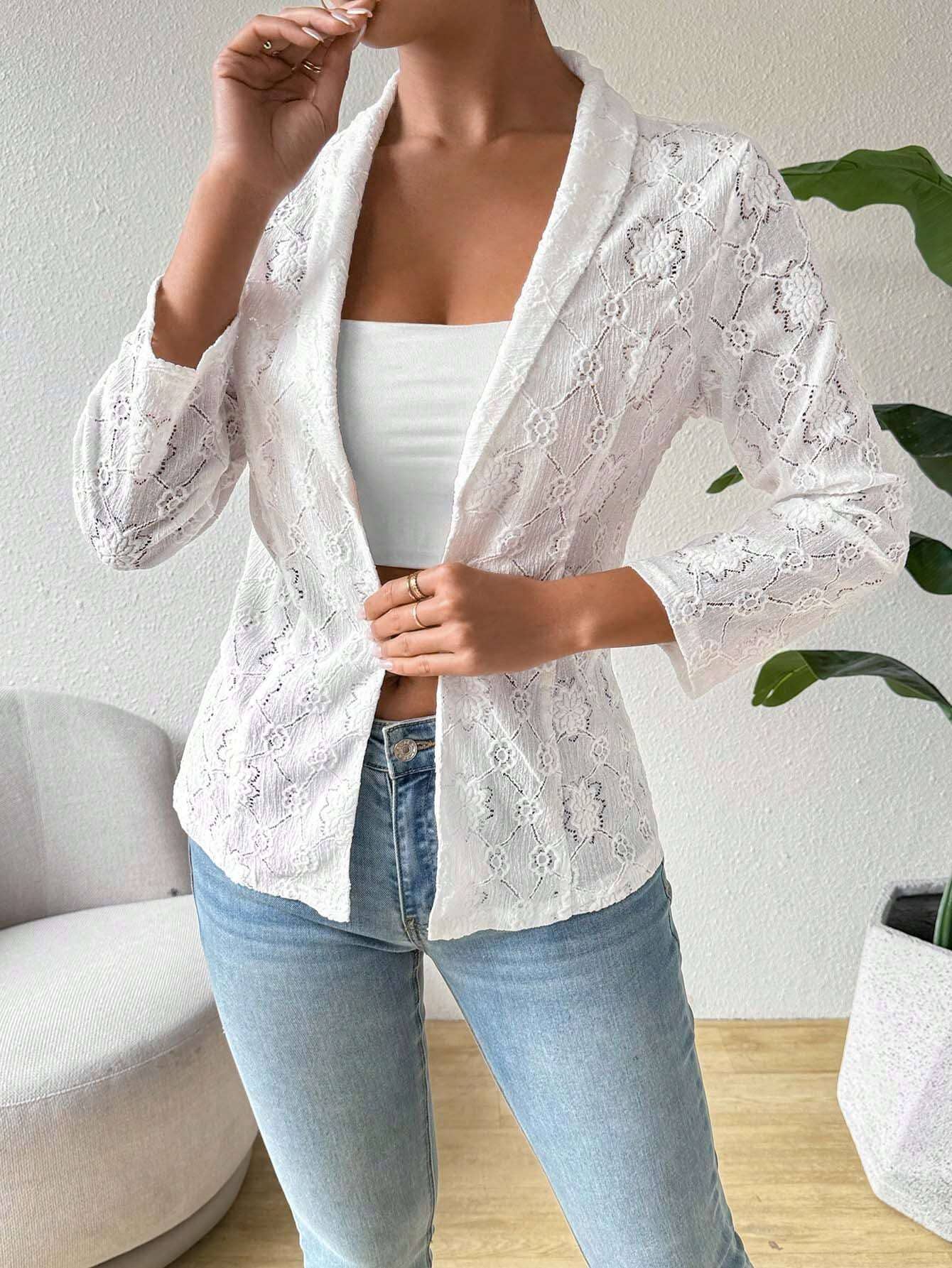 Elegant solid-color lace lapel casual suit jacket