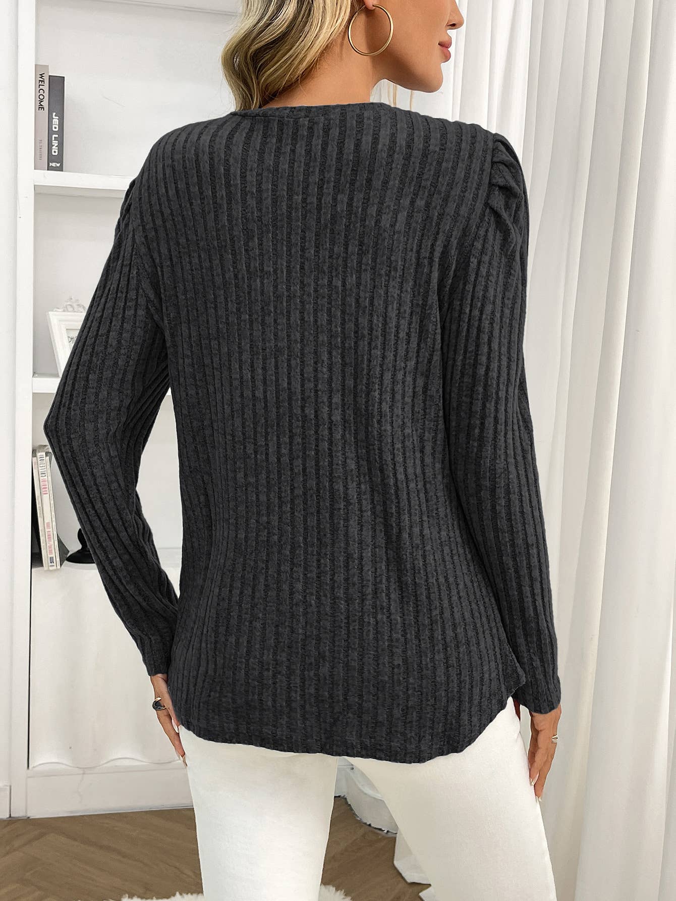 Round-neck puffed-sleeve brushed striped T-shirt