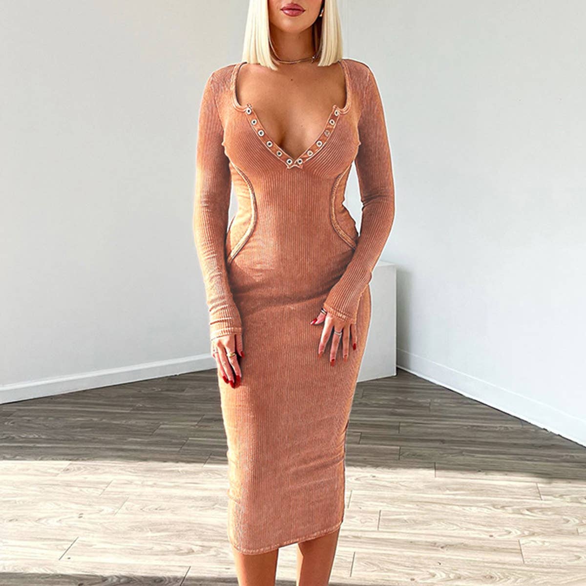 SLIM KNIT MACHINE EYE V-NECK LONG SLEEVE DRESS