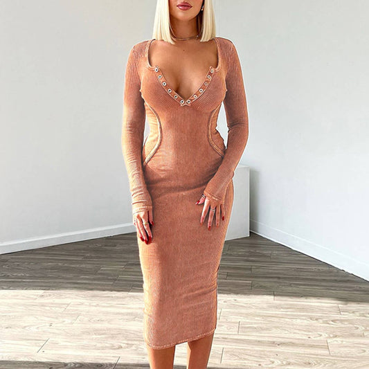 SLIM KNIT MACHINE EYE V-NECK LONG SLEEVE DRESS