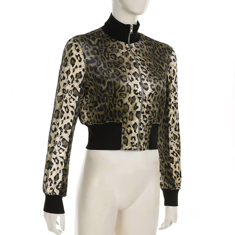 TURTLENECK RIBBED PATCHWORK LEOPARD VELVET JACKET