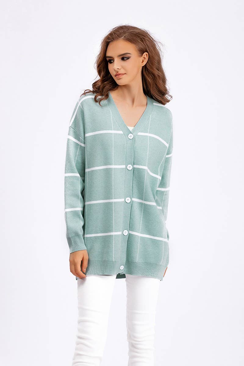 CWOCAL00671_STRIPED PLAID LOOSE KNIT CARDIGAN SWEATER