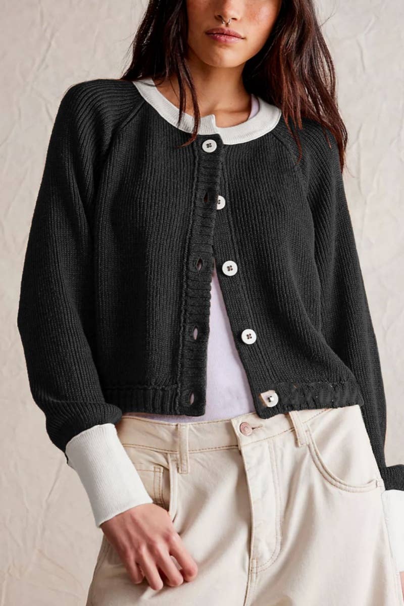 CWOCAL1825_COLOR CONTRAST SHORT BUTTON UP SWEATER CARDIGAN