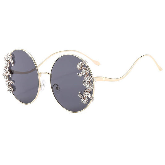 Luxury Rhinestone Wave Metal Leg Round Sunglasses
