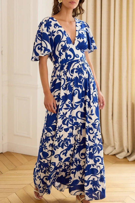 CWDMD6478_ELEGANT FLORAL V-NECK SHORT SLEEVE MAXI DRESS