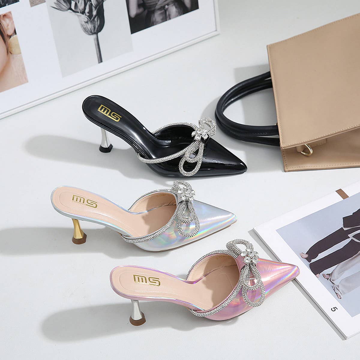 RHINESTONE BOW POINTED TOE HIGH HEELS