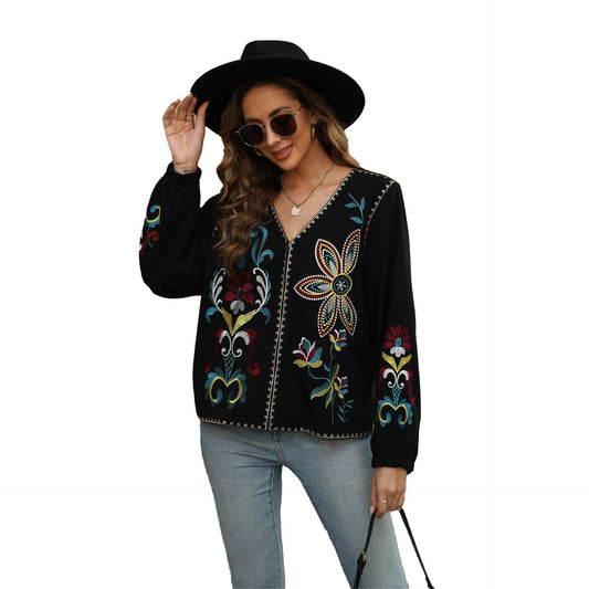 Ethnic-style embroidered V-neck zipper cardigan