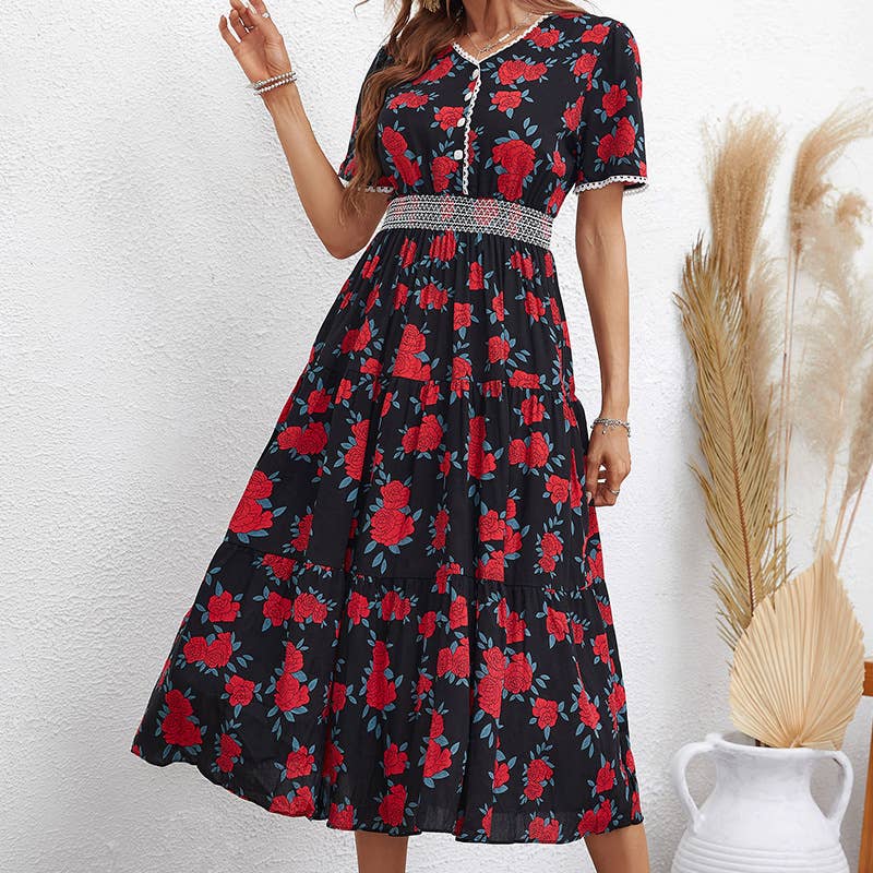 FASHION PRINT SHORT SLEEVE SLIM-FIT LONG DRESS