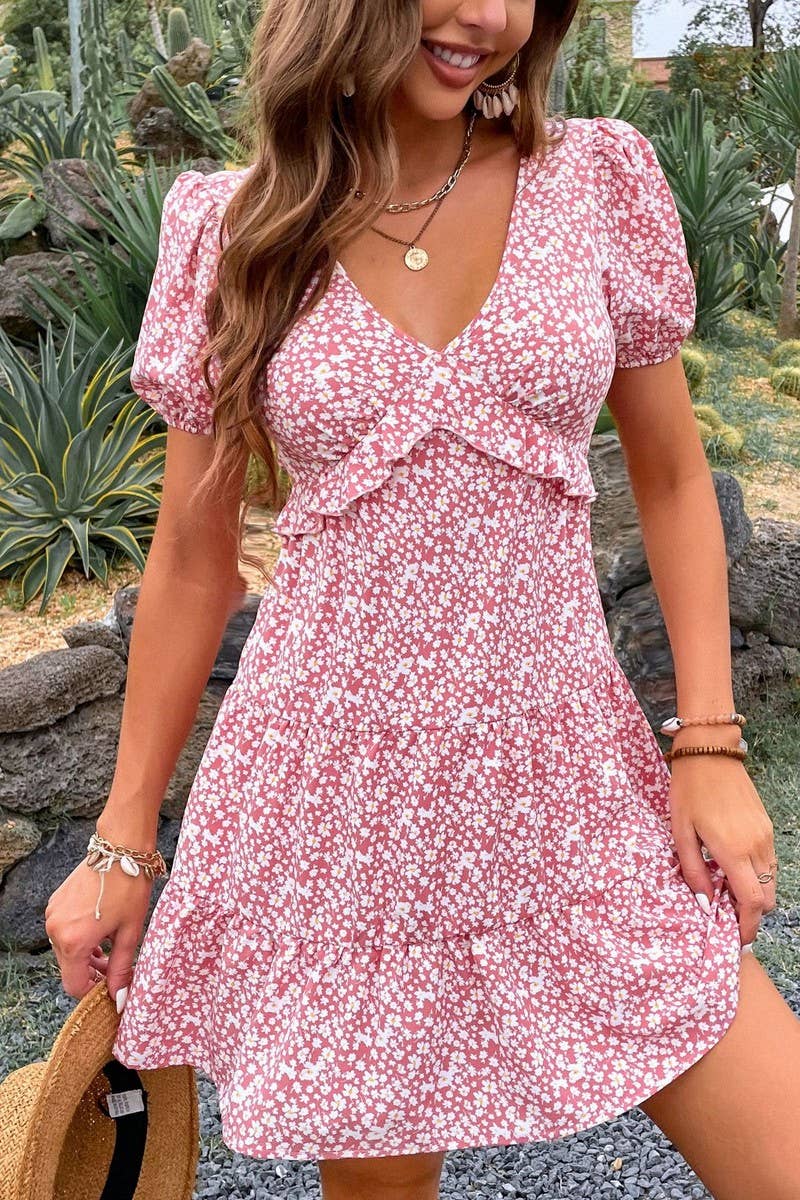 CWDSD8308_FLORAL PUFF SLEEVE V-NECK FRENCH STYLE DRESS