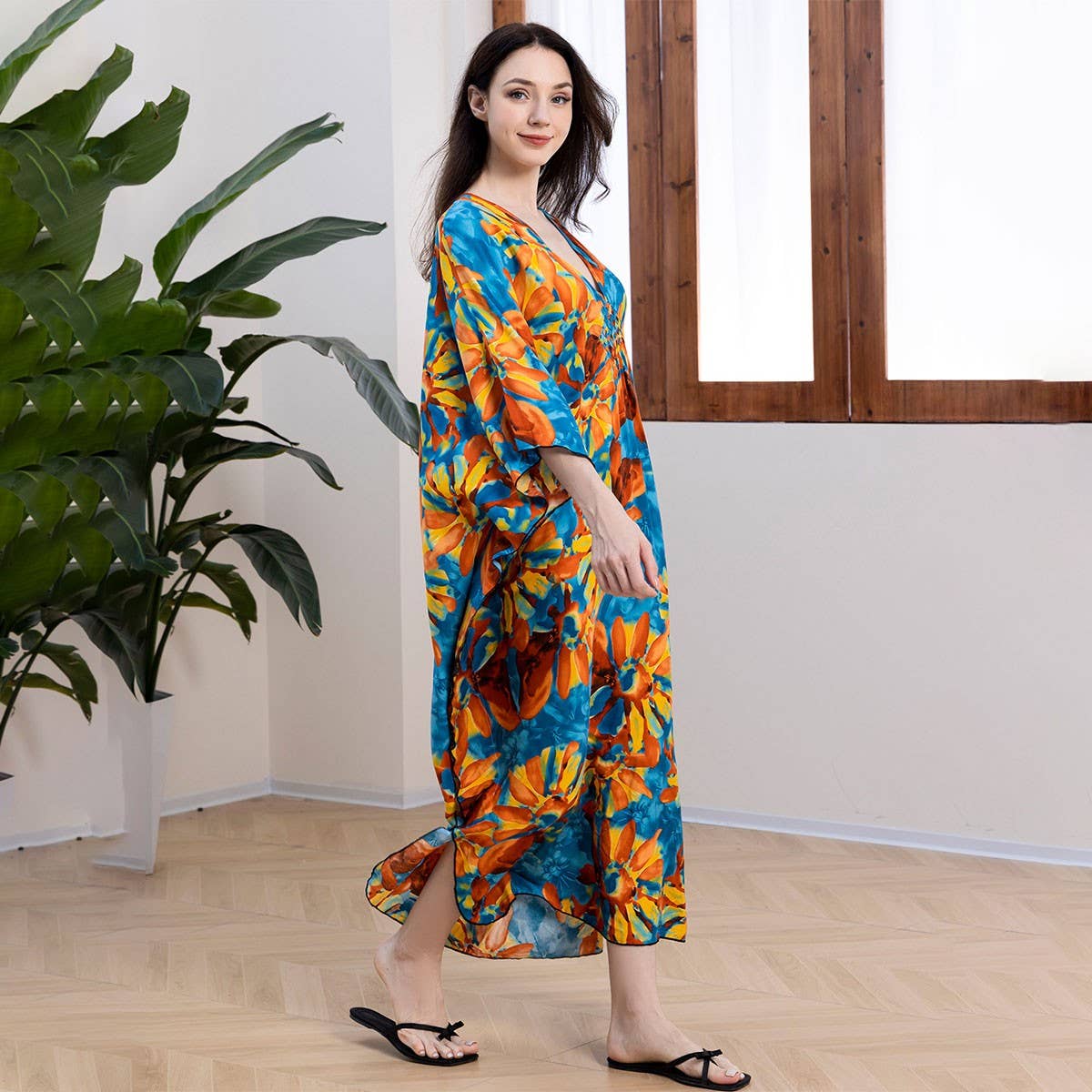 Rayon Print Beach Cover-Up with Woven Front_CWMM6213