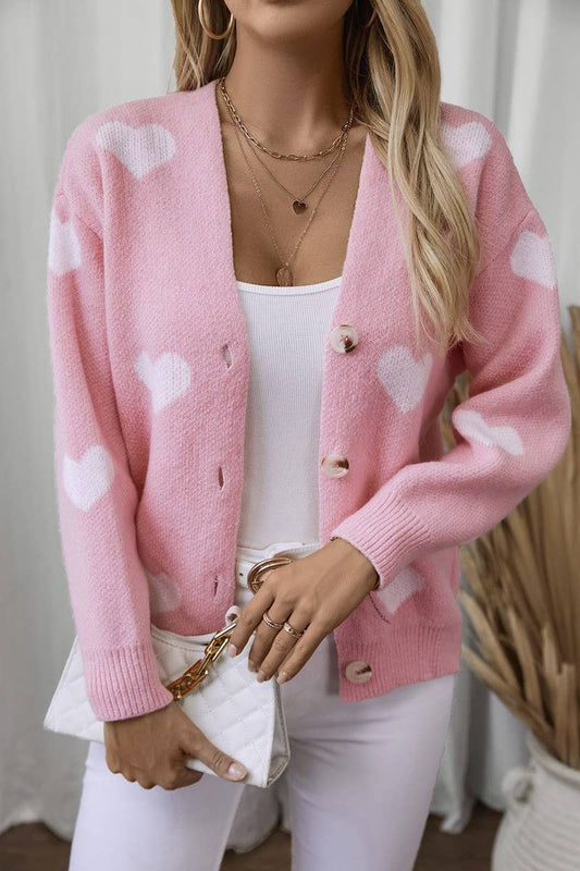 CWOCAL0855_HEART SINGLE BREASTED KNITTED CARDIGAN SWEATER