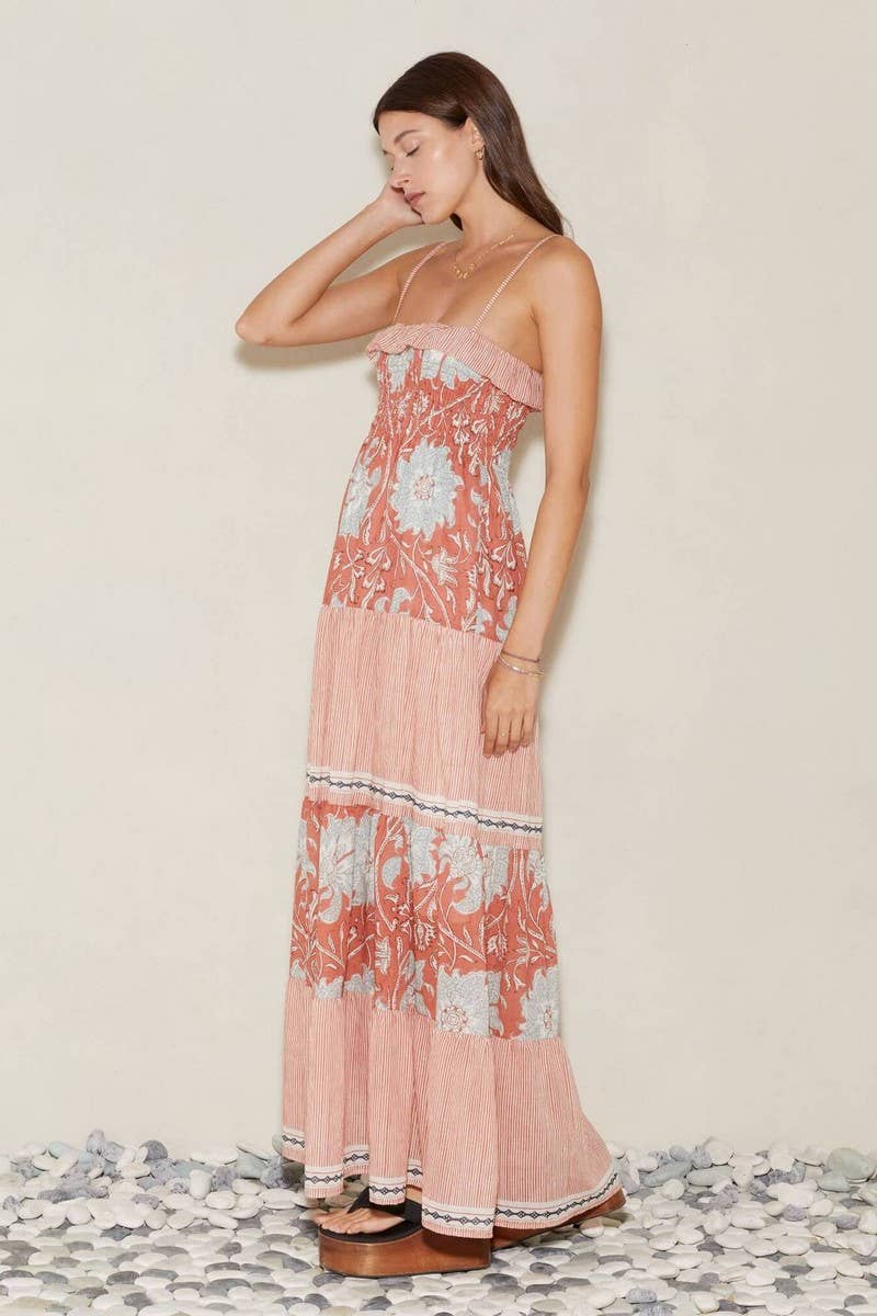 CWDMD5697_ADJUSTABLE STRAP STRIPED FLORAL SLEEVELESS DRESS