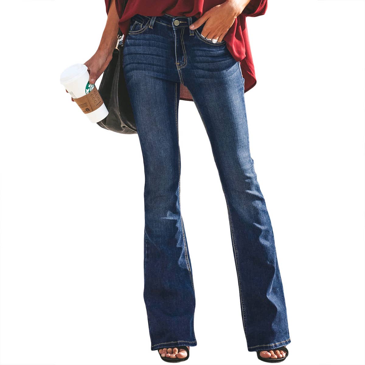 Fitted and waist-cinching long flared jeans