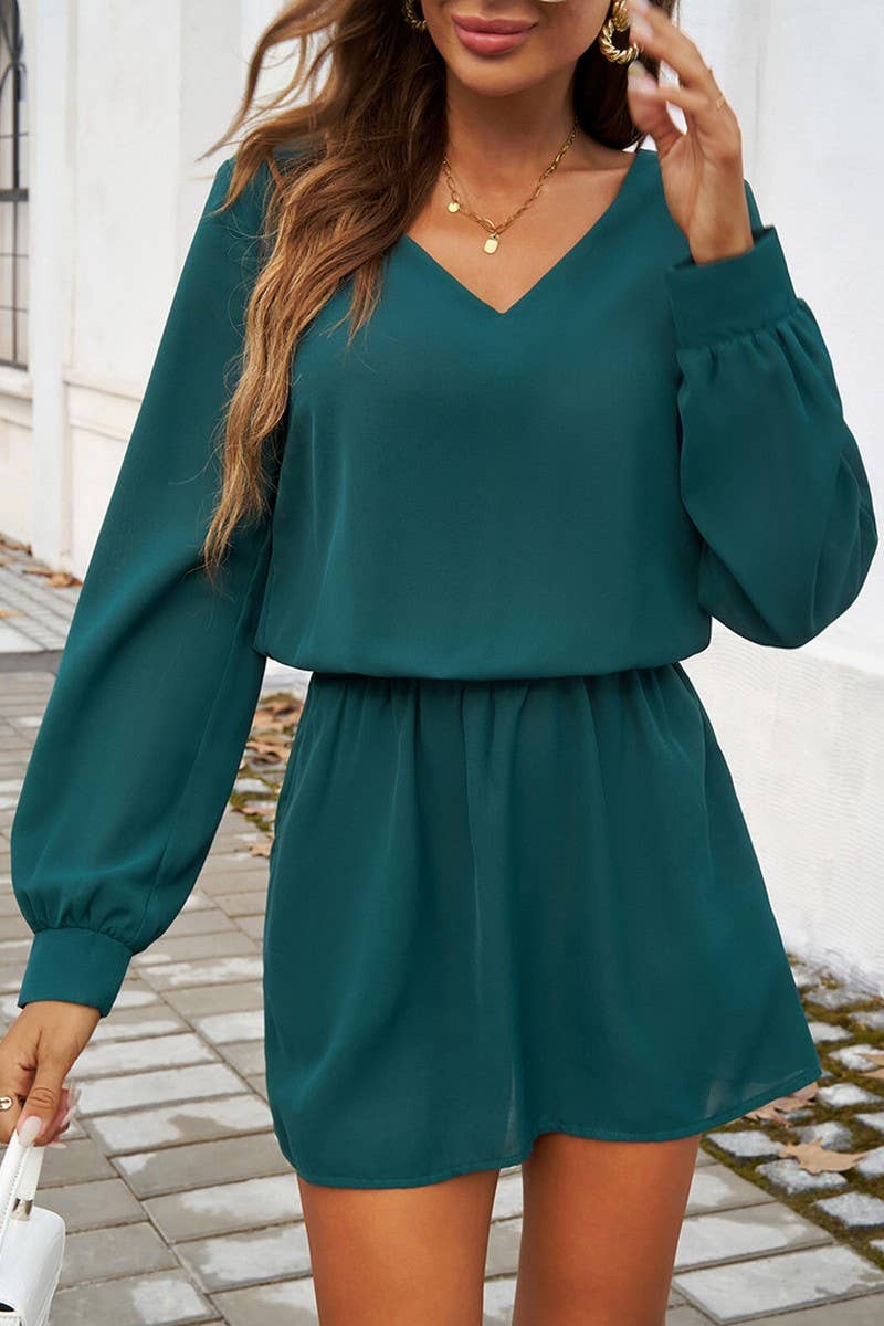 CWDSD5613_V-NECK SOLID COLOR PUFF SLEEVE DRESS