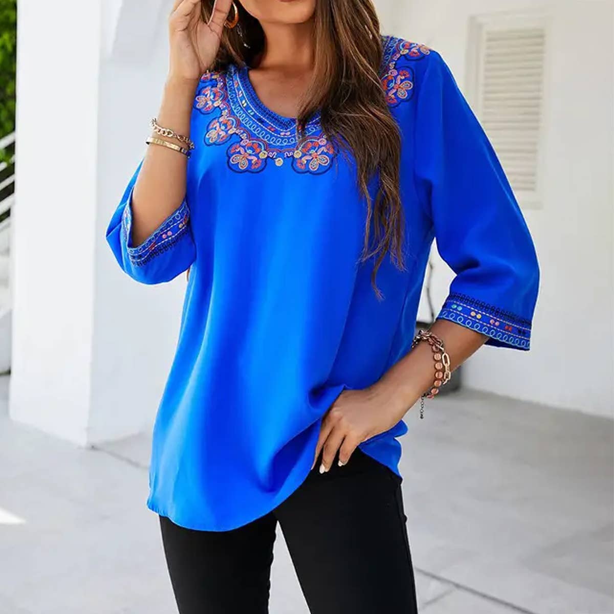 Ethnic style V-neck chiffon top