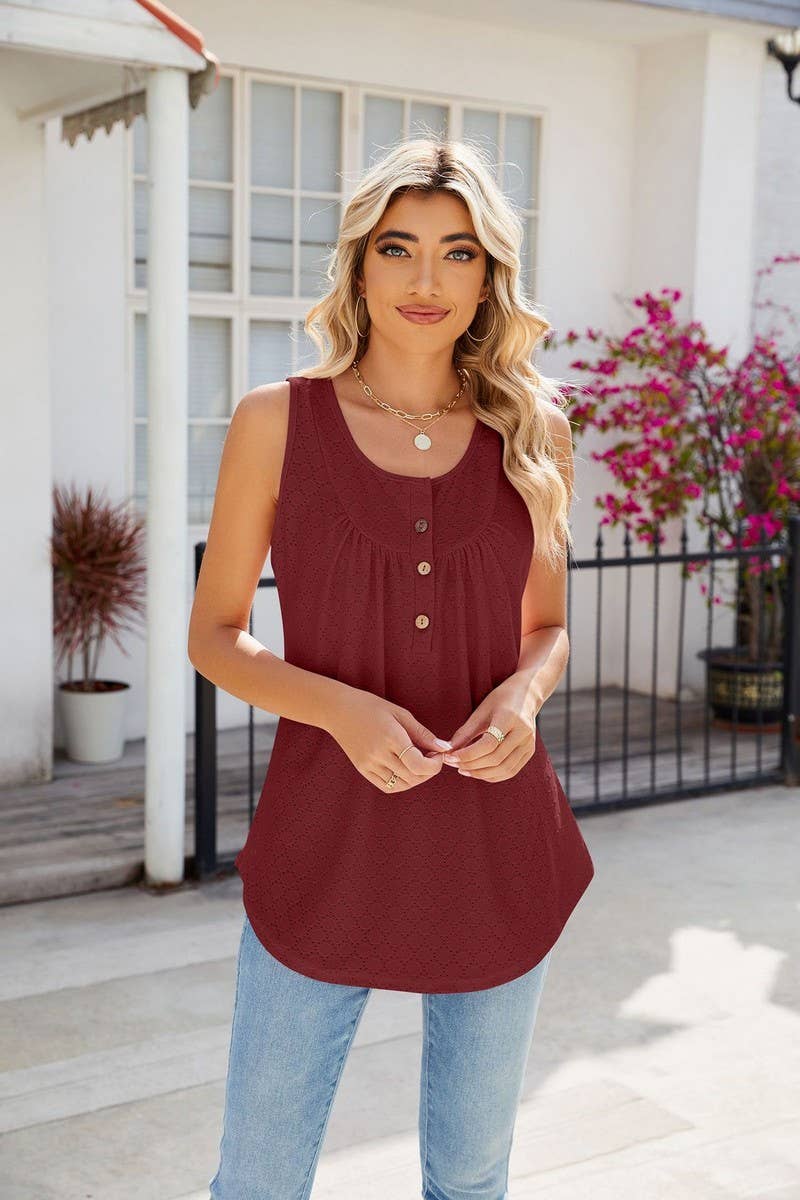 WOMEN ROUND NECK SLEEVELESS BUTTON CASUAL TOP_CWTSTSL0059