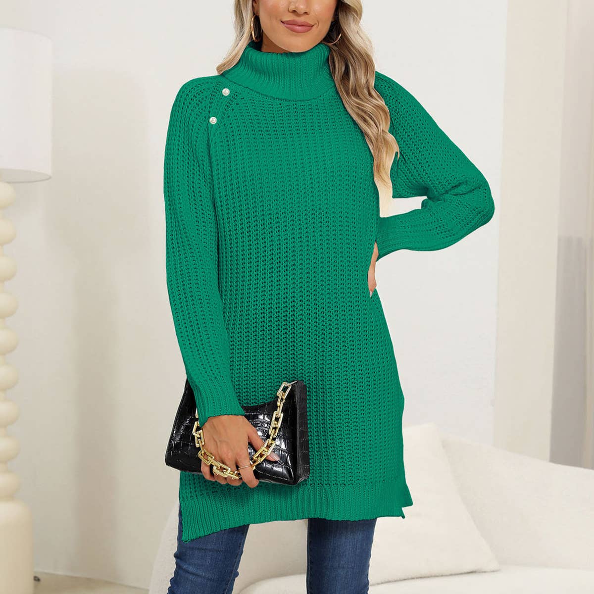 PEARL TURTLENECK STUDDED BEAD SLIT DRESS