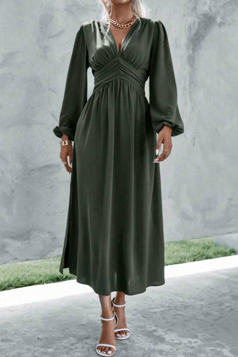 ELEGANT V-NECK PUFFED SLEEVE WAIST SLIT DRESS