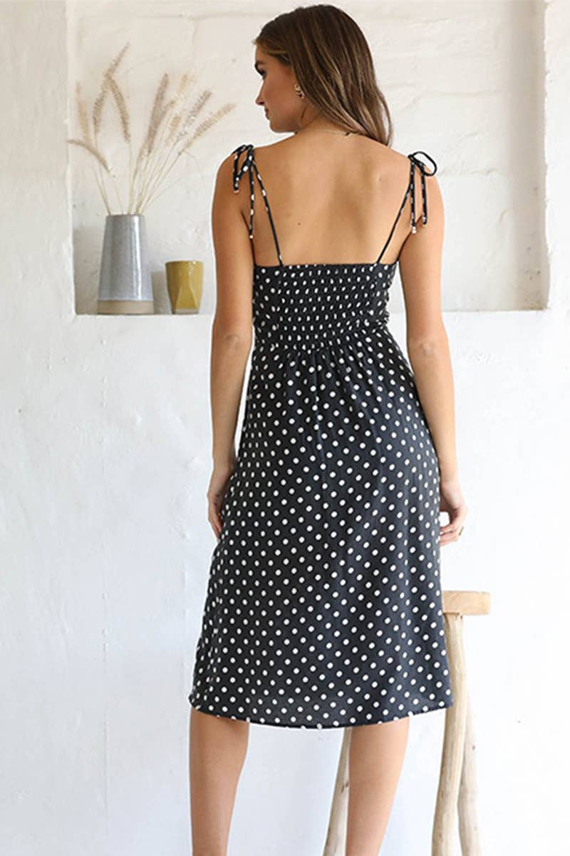 POLKA DOT PRINT HALTER STRAPPY SPLIT DRESS