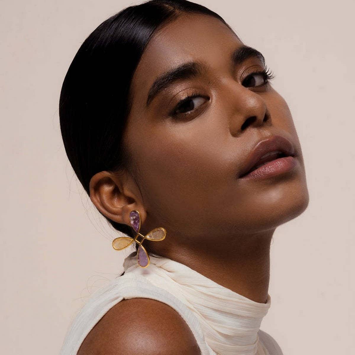 18K Gold Plated Irregular Color Stone Earrings_CWAJE4990