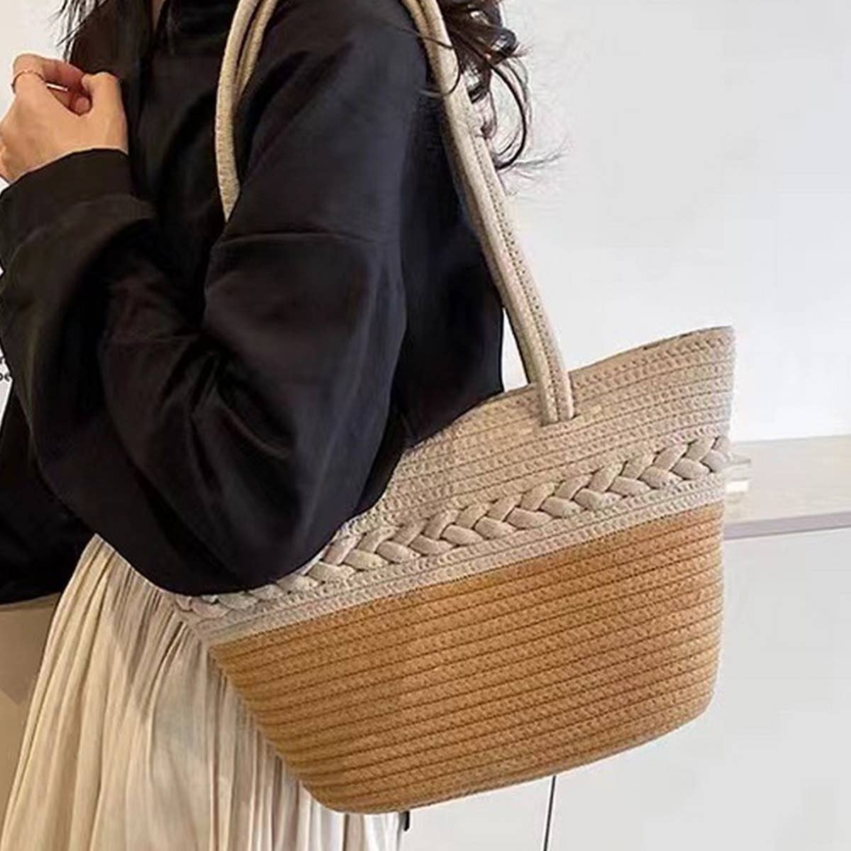 NEW COLOR BLOCK SINGLE SHOULDER STRAW BAG_CWAB1880