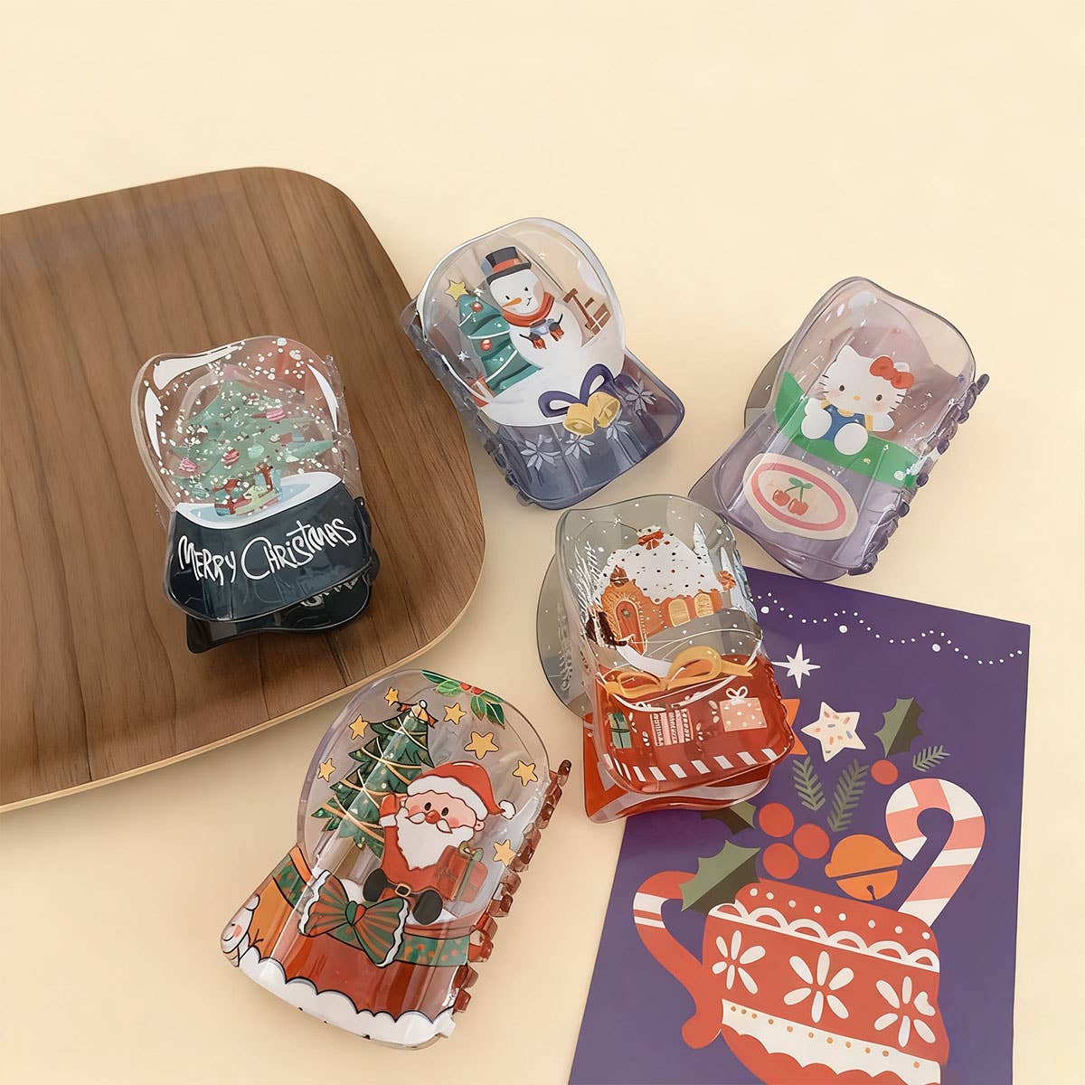 CWAHA07718_HOLIDAY ACRYLIC SANTA CAT CRYSTAL HAIR CLIP